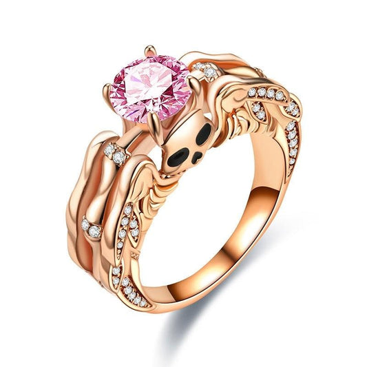 Skull and Crystal Wedding Engagement Ring-Rings-Innovato Design-6-Pink-Innovato Design