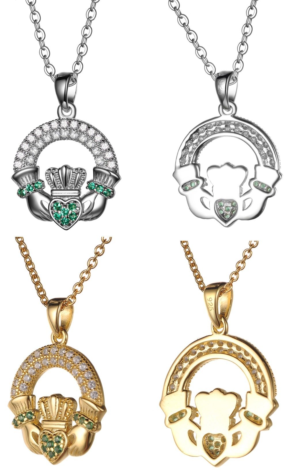 925 Sterling Silver Emerald Claddagh Pendant Necklace-Necklaces-Innovato Design-Silver-Innovato Design