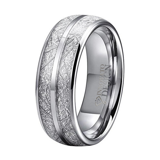 8mm Silver Tungsten with Silver Meteorite Inlay Wedding Band