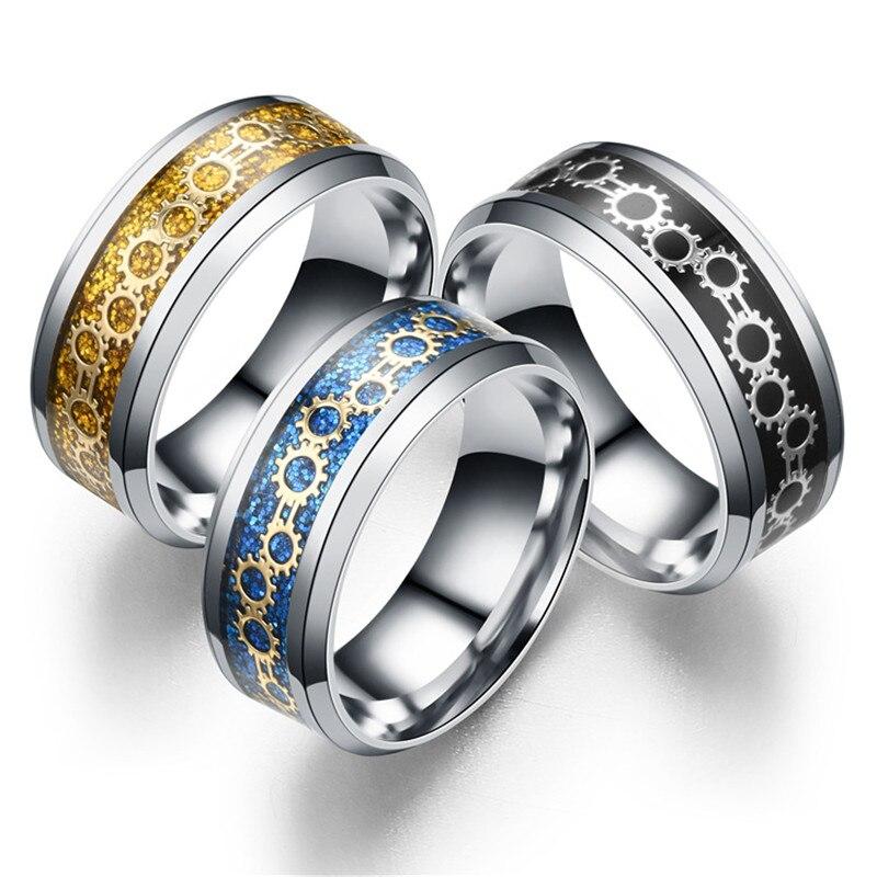 Black/Blue/Gold Stainless Steel with Gear Design Wedding Band-Rings-Innovato Design-6-Black-Innovato Design
