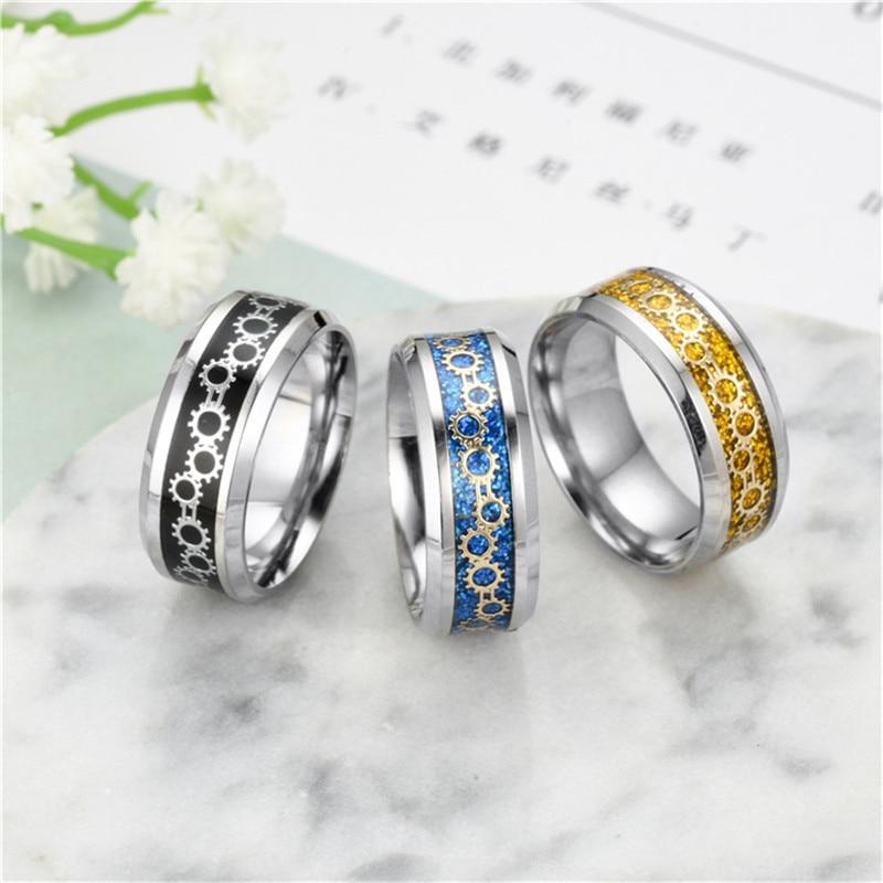 Black/Blue/Gold Stainless Steel with Gear Design Wedding Band-Rings-Innovato Design-6-Black-Innovato Design