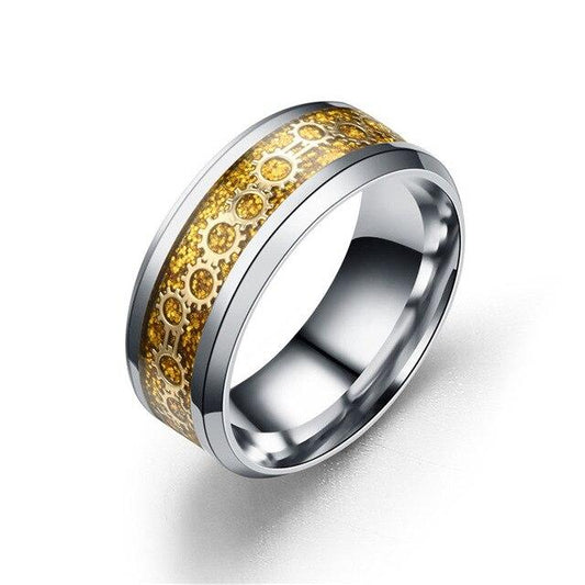 Black/Blue/Gold Stainless Steel with Gear Design Wedding Band-Rings-Innovato Design-6-Yellow-Innovato Design