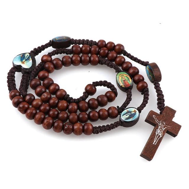 Handmade Wooden Bead Rosary Necklace - Brown Wood & Metal Cross, 45cm Length, Prayer & Meditation Jewelry - View #6