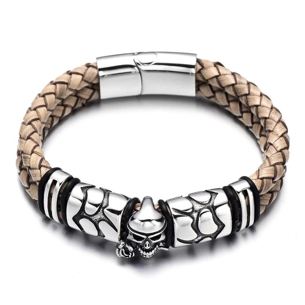 Two Stand Braided Leather Stainless Beaded Gothic Skull Bracelet-Skull Bracelet-Innovato Design-Brwon-6.7-Innovato Design