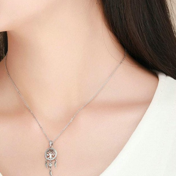Tree of Life and Dreamcatcher Cubic Zirconia 925 Sterling Silver Vintage Pendant Necklace-Necklaces-Innovato Design-Innovato Design