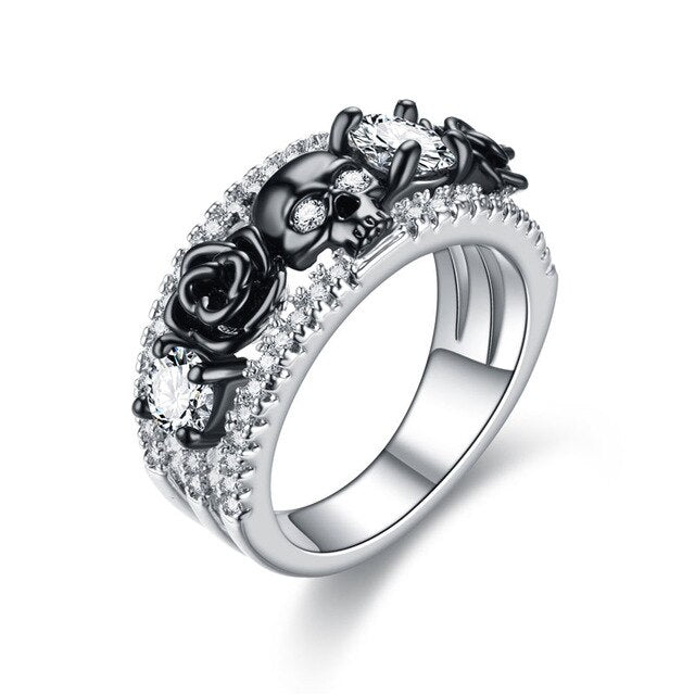 Skull, Flower, and Cubic Zirconia Punk Engagement Ring-Rings-Innovato Design-10-White-Innovato Design