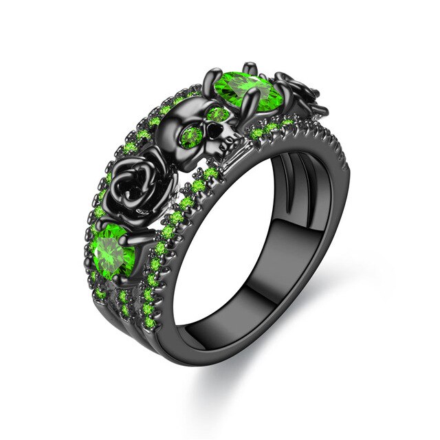 Skull, Flower, and Cubic Zirconia Punk Engagement Ring-Rings-Innovato Design-10-Green-Innovato Design