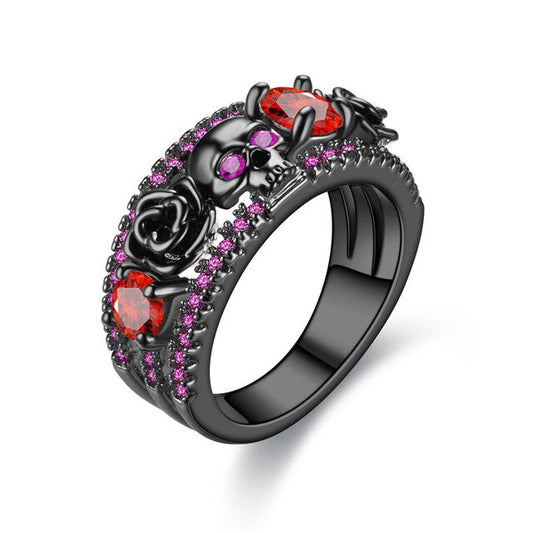 Skull, Flower, and Cubic Zirconia Punk Engagement Ring-Rings-Innovato Design-10-Red-Innovato Design