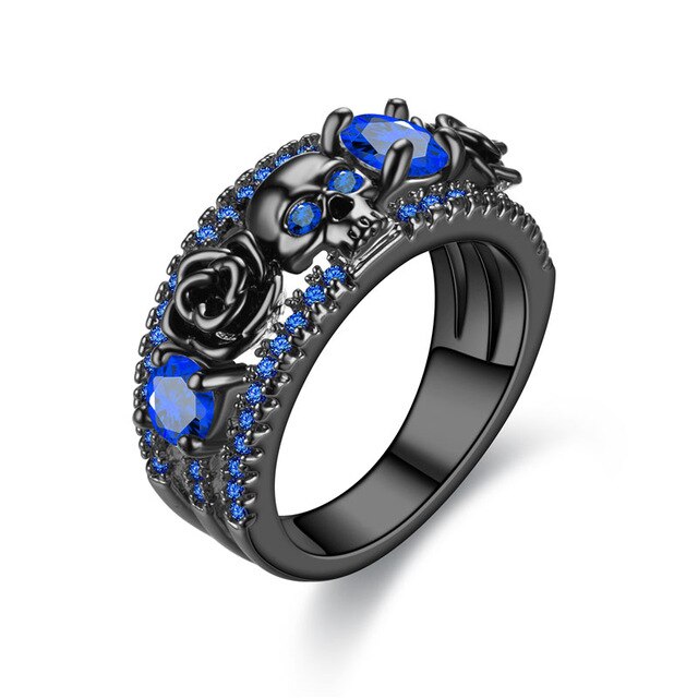 Skull, Flower, and Cubic Zirconia Punk Engagement Ring-Rings-Innovato Design-10-Blue-Innovato Design