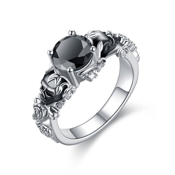 Skull, Flower, Crystal and Cubic Zirconia Punk Wedding Engagement Ring
