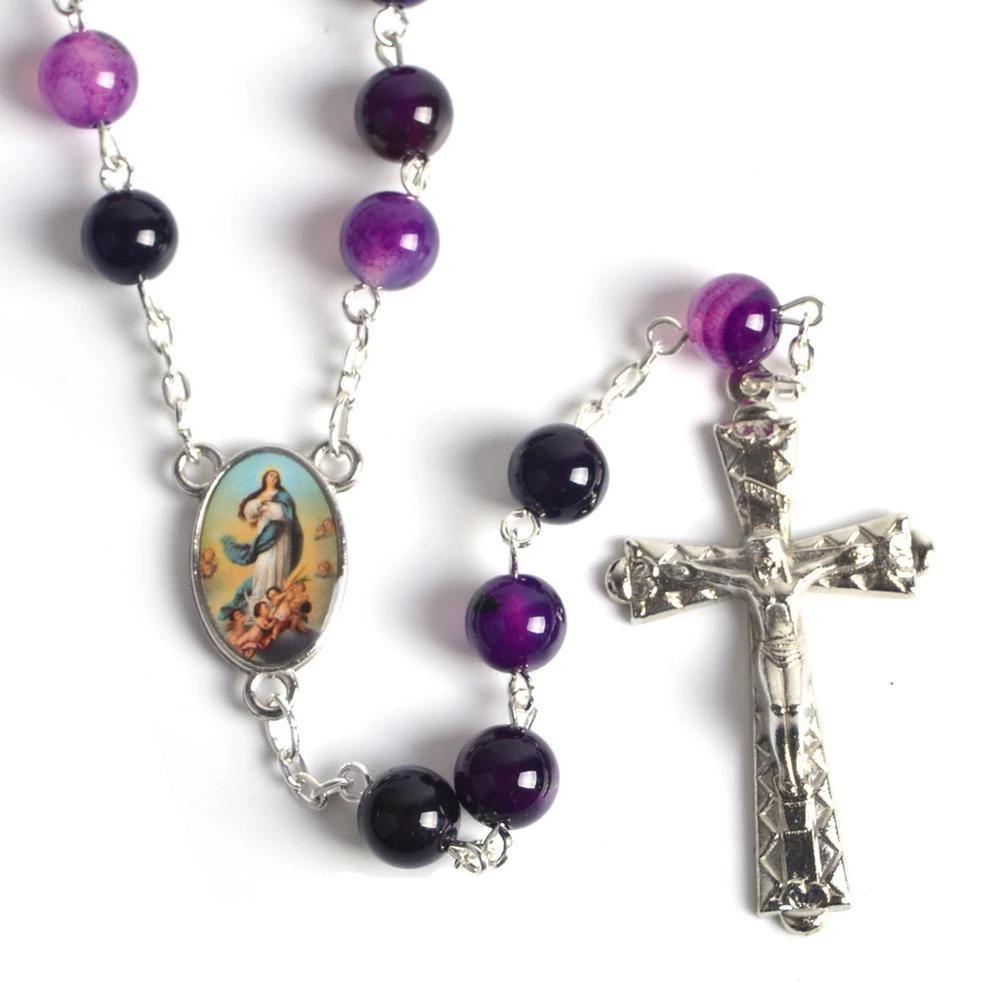 Purple Stone Beaded Rosary with Silver Cross-Necklaces-Innovato Design-Innovato Design