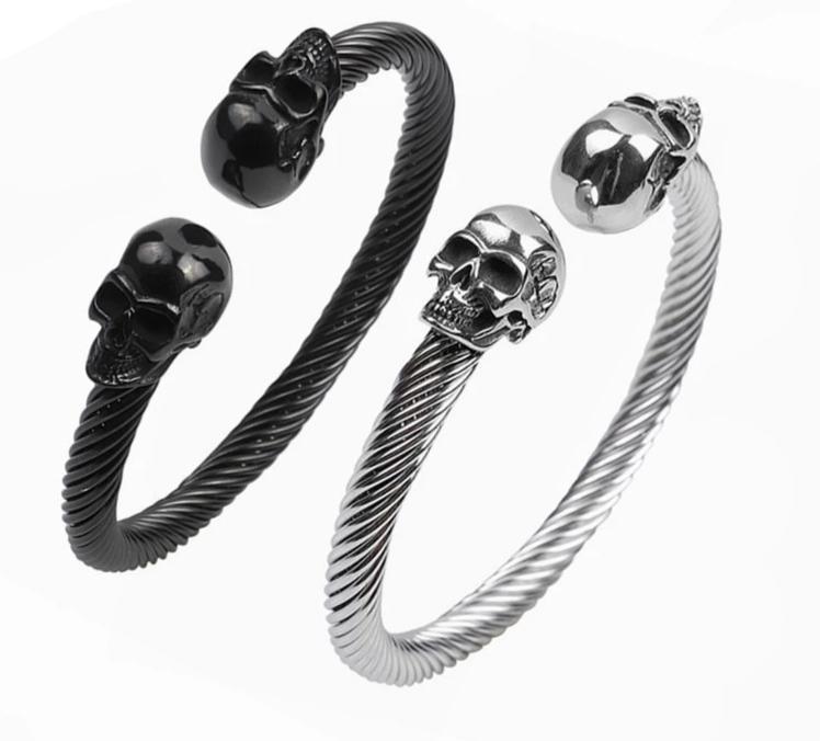 Black/Silver Stainless Steel Skull Bangle Bracelet-Skull Bracelet-Innovato Design-Silver-Innovato Design