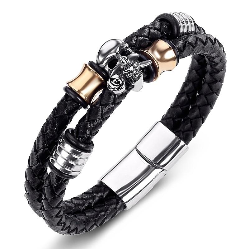 Black Two Strands Braided Genuine Leather Skull Beaded Bracelet-Skull Bracelet-Innovato Design-Clover & Skull-7-Innovato Design