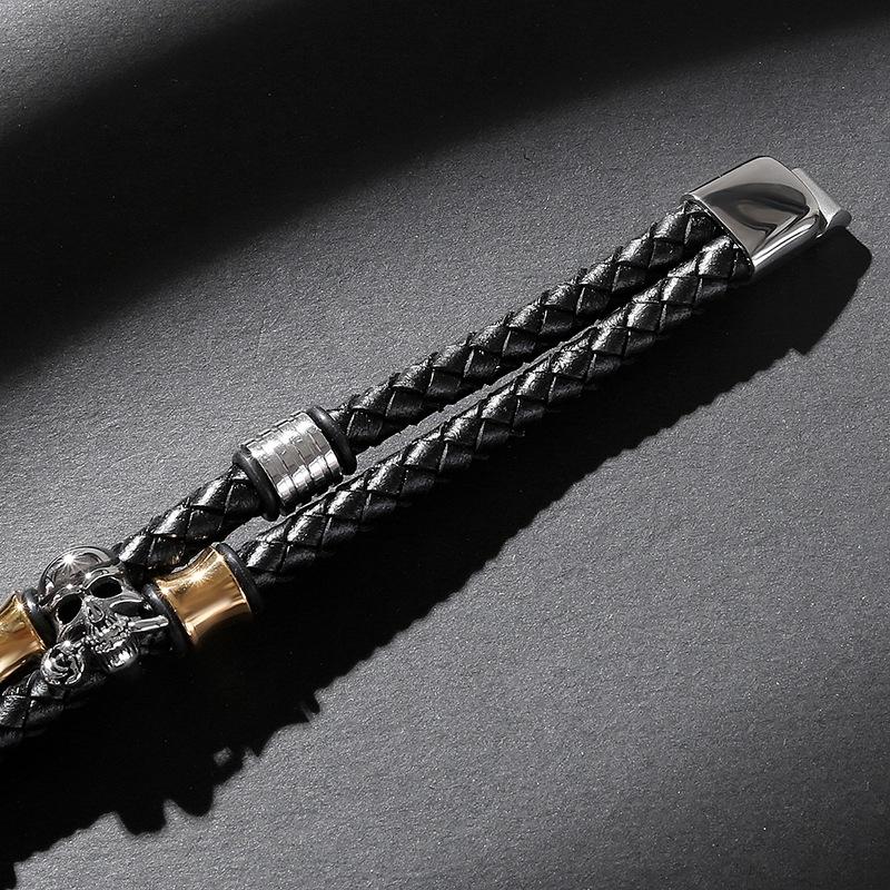 Black Two Strands Braided Genuine Leather Skull Beaded Bracelet-Skull Bracelet-Innovato Design-Clover & Skull-7-Innovato Design