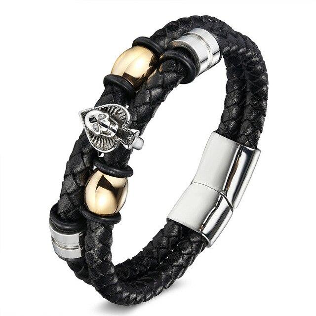 Black Two Strands Braided Genuine Leather Skull Beaded Bracelet-Skull Bracelet-Innovato Design-Clover & Skull-7-Innovato Design