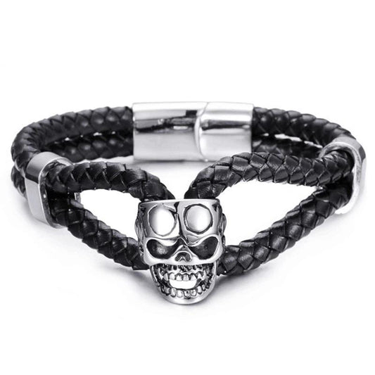Black Two Strand Braided Leather Stainless Steel Skull Bracelet-Skull Bracelet-Innovato Design-7.5-Innovato Design