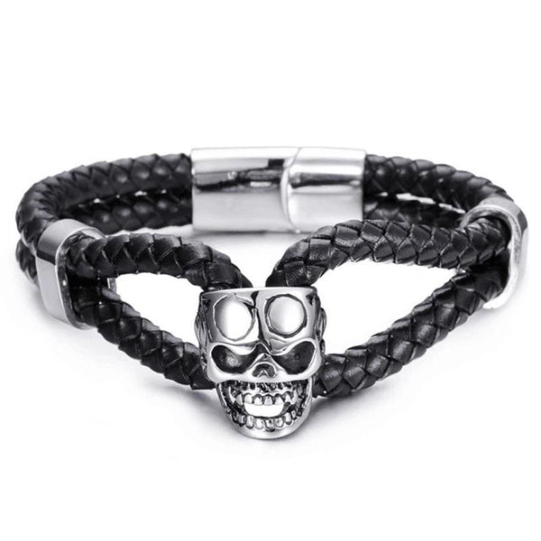 Black Two Strand Braided Leather Stainless Steel Skull Bracelet ...