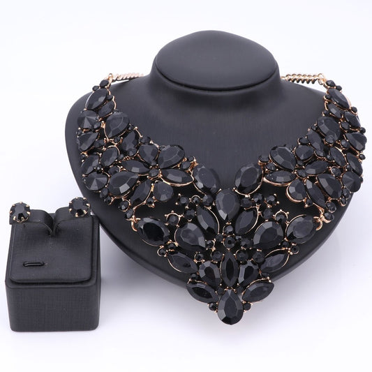Black Rhinestone and Crystal Necklace & Earrings Wedding Statement Jewelry Set-Jewelry Sets-Innovato Design-Innovato Design