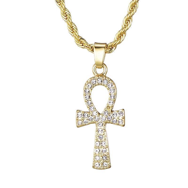 Metallic Ankh Cross Pendant with Cubic Zirconia Crystals Necklace-Necklaces-Innovato Design-Gold-Innovato Design