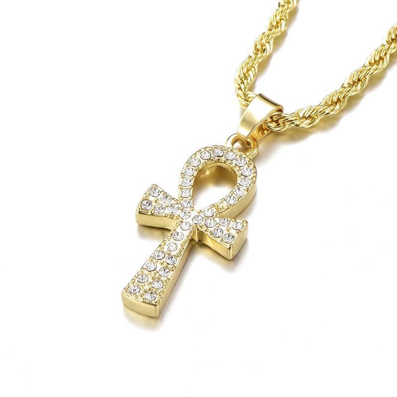 Metallic Ankh Cross Pendant with Cubic Zirconia Crystals Necklace-Necklaces-Innovato Design-Gold-Innovato Design