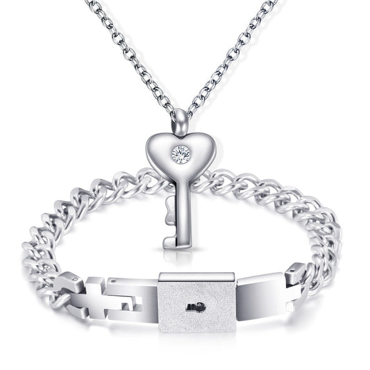 Love Lock and Key Stainless Steel Necklace & Bracelet Couple Jewelry Set
