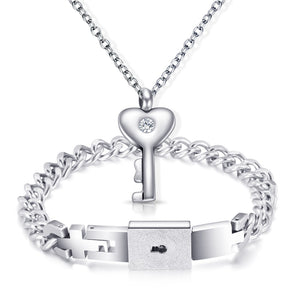 Love Lock and Key Stainless Steel Necklace & Bracelet Couple Jewelry Set-Jewelry Sets-Innovato Design-Innovato Design