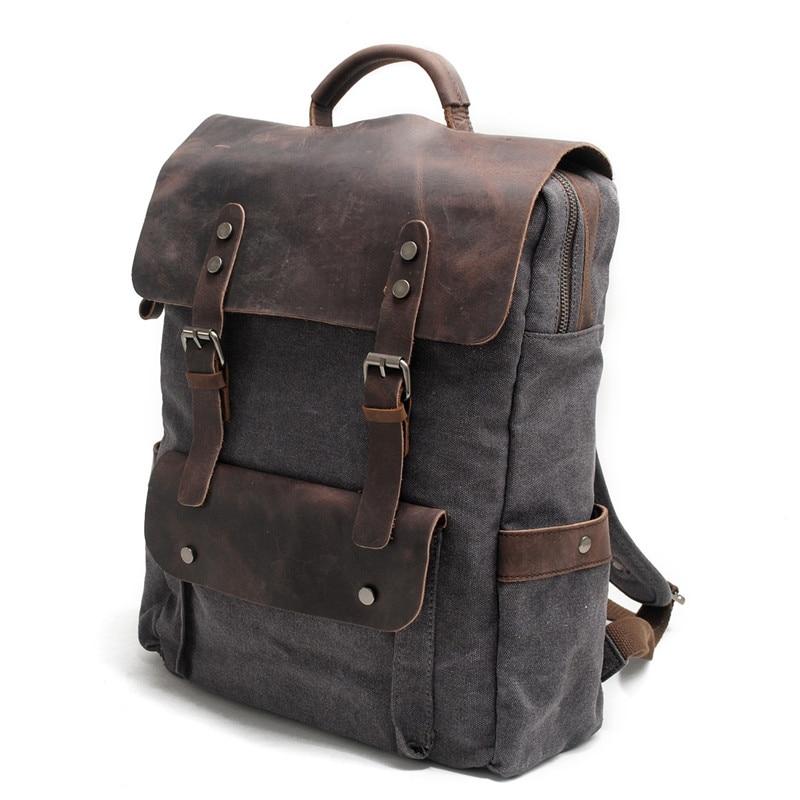 Large Canvas Leather Waterproof 14 Inch 20 Liter Backpack, Black