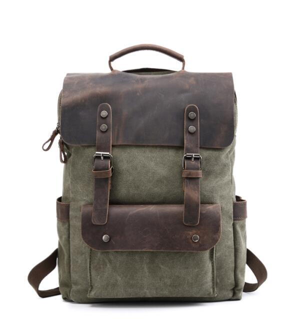 Large Canvas Leather Waterproof 14 Inch 20 Liter Backpack-Canvas and Leather Backpack-Innovato Design-Army Green-Innovato Design