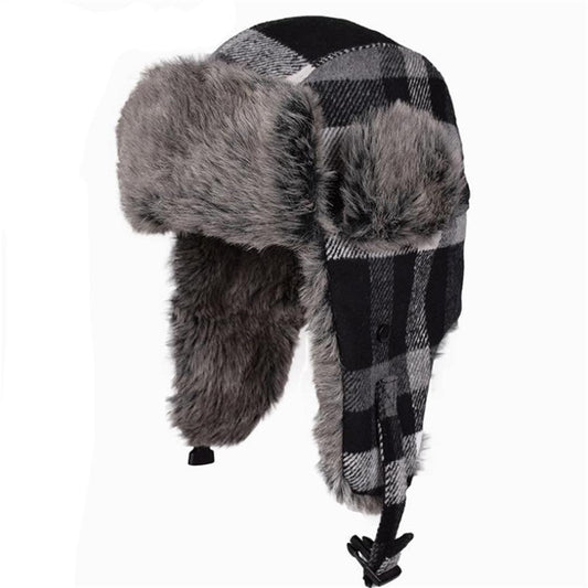 Warm Thick Plaid Trapper Bomber Hat with Earflaps-Hats-Innovato Design-Black Gray-Innovato Design