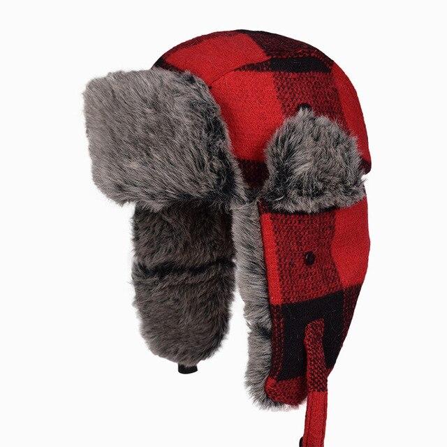 Warm Thick Plaid Trapper Bomber Hat with Earflaps-Hats-Innovato Design-Red Black-Innovato Design