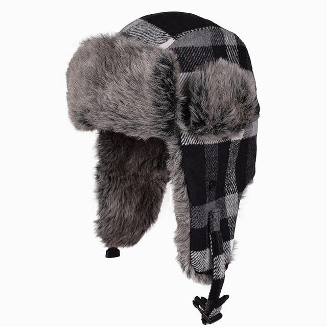 Warm Thick Plaid Trapper Bomber Hat with Earflaps-Hats-Innovato Design-Black Gray-Innovato Design