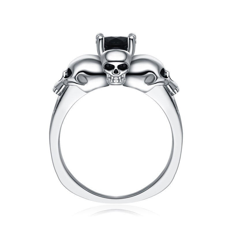 Silver-Plated Skull and Black Cubic Zirconia Vintage Punk Ring-Rings-Innovato Design-5-Innovato Design