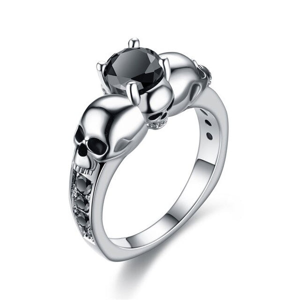 Silver-Plated Skull and Black Cubic Zirconia Vintage Punk Ring-Rings-Innovato Design-10-Innovato Design