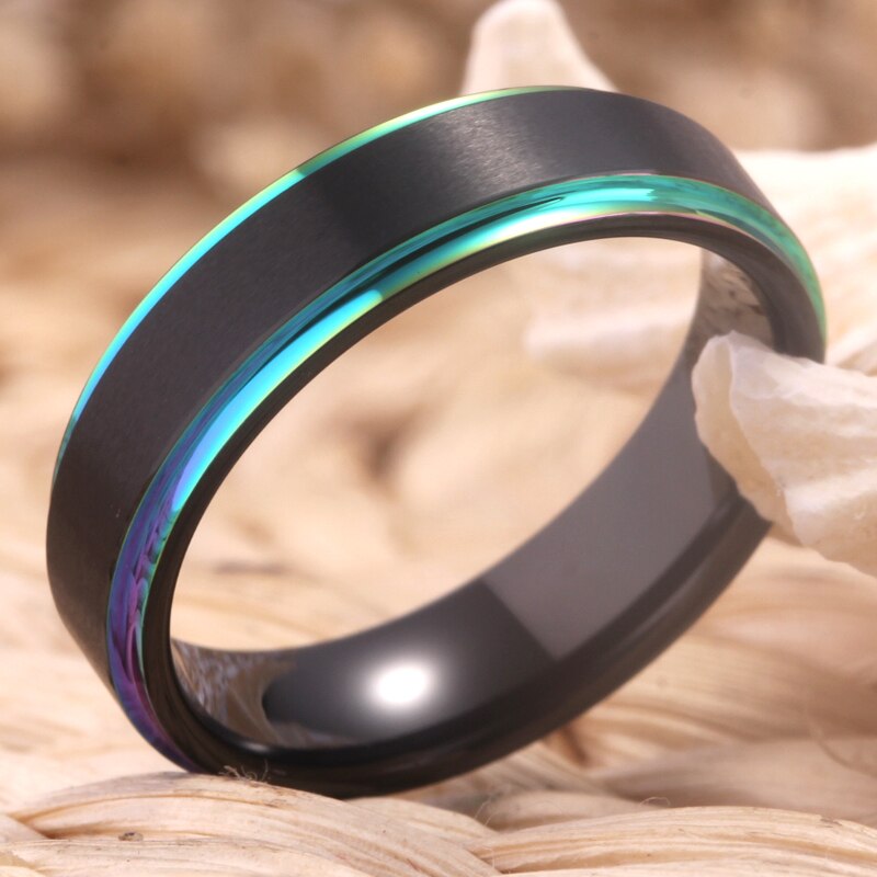 6mm Matte Black with Rainbow Step Tungsten Wedding Band-Rings-Innovato Design-6-Innovato Design