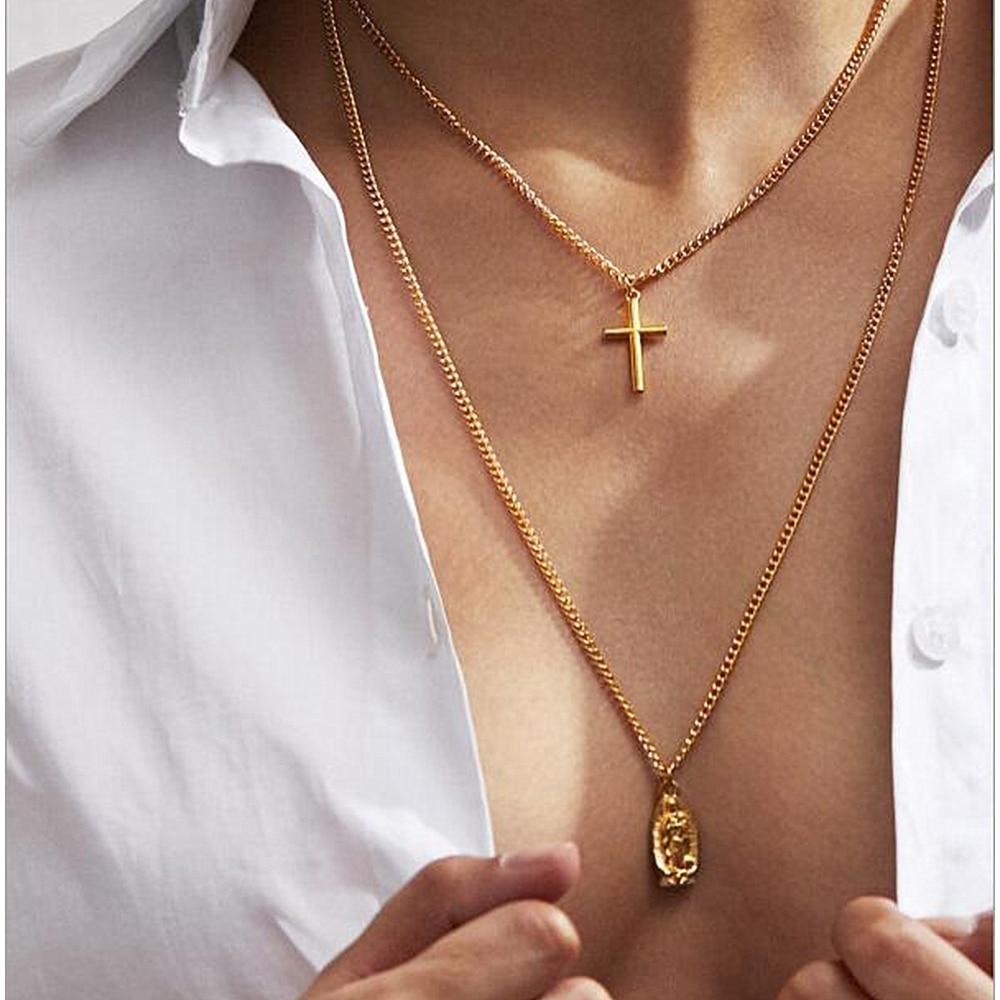 2-Chain Gold Necklace with Cross and Virgin Mary Pendant-Necklaces-Innovato Design-Innovato Design