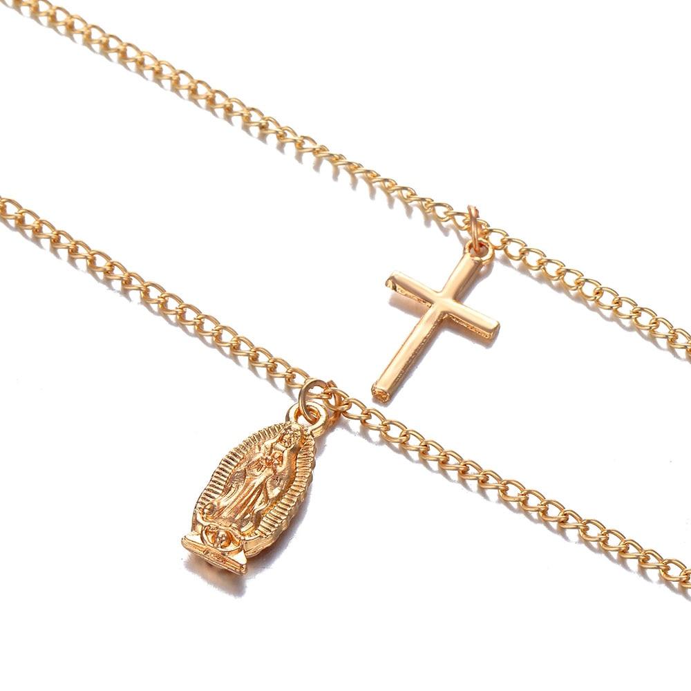 2-Chain Gold Necklace with Cross and Virgin Mary Pendant-Necklaces-Innovato Design-Innovato Design