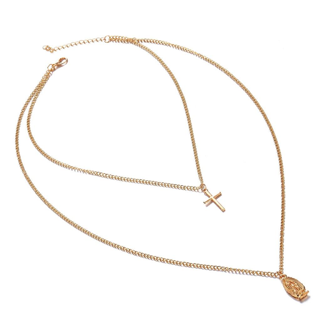 2-Chain Gold Necklace with Cross and Virgin Mary Pendant-Necklaces-Innovato Design-Innovato Design