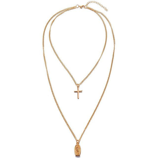 2-Chain Gold Necklace with Cross and Virgin Mary Pendant-Necklaces-Innovato Design-Innovato Design