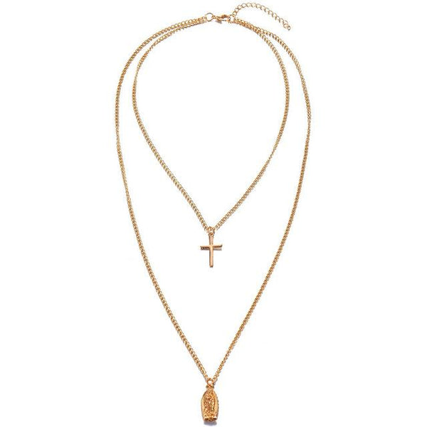 2-Chain Gold Necklace with Cross and Virgin Mary Pendant - InnovatoDesign