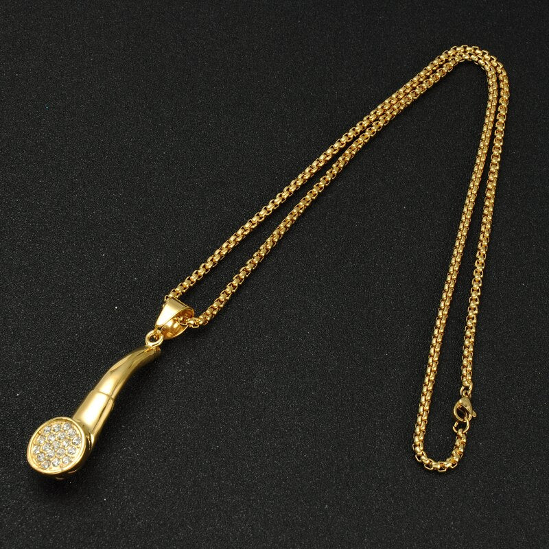 Cubic-Zirconia-Studded Gold-Plated Tobacco Pipe Bling Hip-hop Pendant Necklace-Necklaces-Innovato Design-Innovato Design