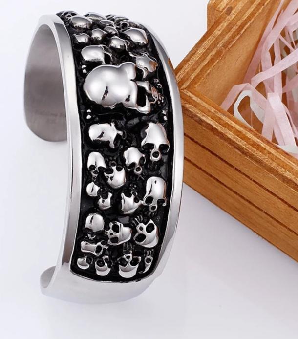 Men 316L Stainless Steel Silver and Black Toned Skull Cuff Bracelet-Skull Bracelet-Innovato Design-Innovato Design