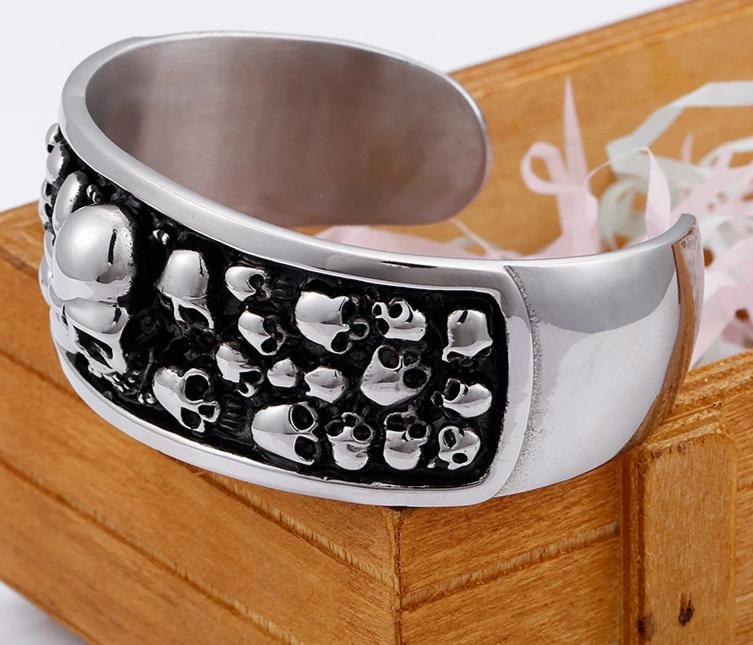 Men 316L Stainless Steel Silver and Black Toned Skull Cuff Bracelet-Skull Bracelet-Innovato Design-Innovato Design