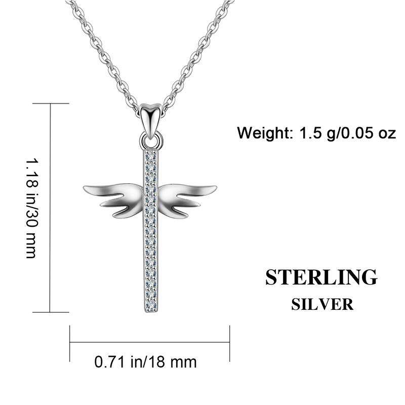 Sterling Silver Crystal Cross Pendant with Angel Wings Necklace-Necklaces-Innovato Design-Innovato Design