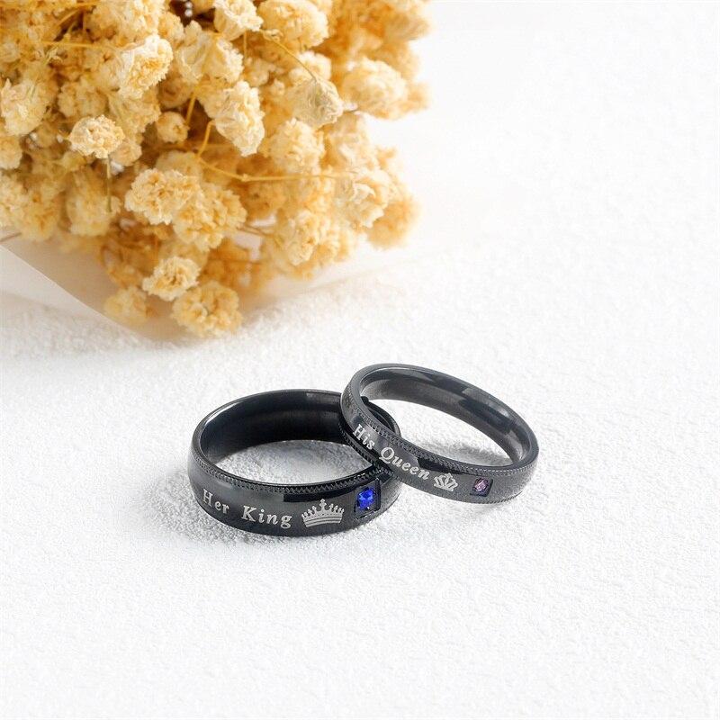 His and Her Black Stainless Steel with Blue and Pink Crown with Square-Cut Cubic Zirconia Couple Ring-Rings-Innovato Design-6-5-Innovato Design