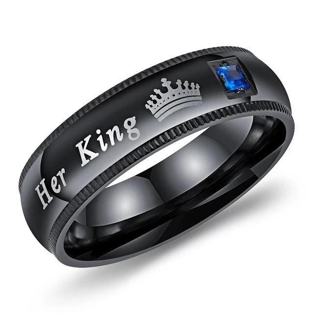 His and Her Black Stainless Steel with Blue and Pink Crown with Square-Cut Cubic Zirconia Couple Ring-Rings-Innovato Design-6-5-Innovato Design