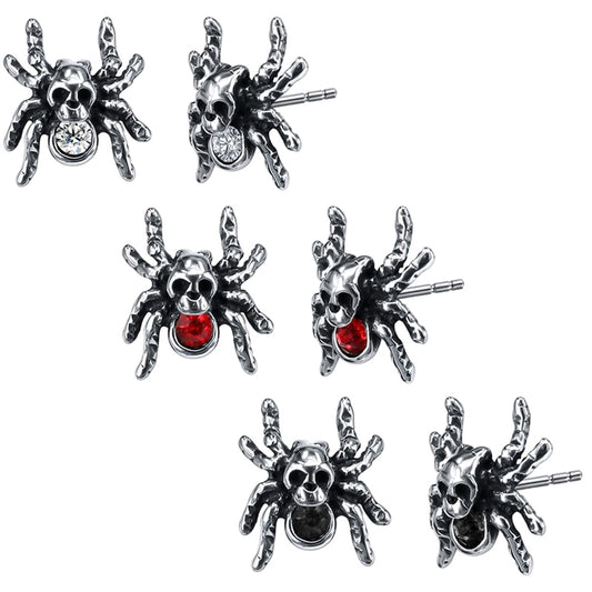 3 Pairs Skull Spider Cubic Zirconia Stainless Steel Punk Stud Earrings Set