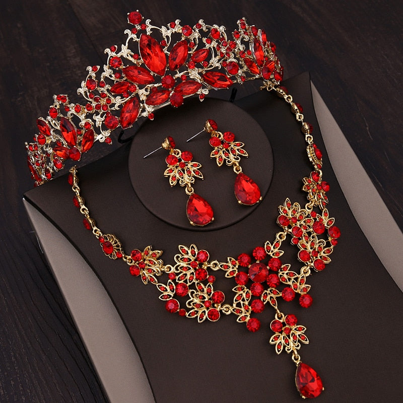 Baroque Gold, Rhinestone and Vintage Red Crystal Tiara, Necklace & Earrings Wedding Jewelry Set-Jewelry Sets-Innovato Design-Innovato Design