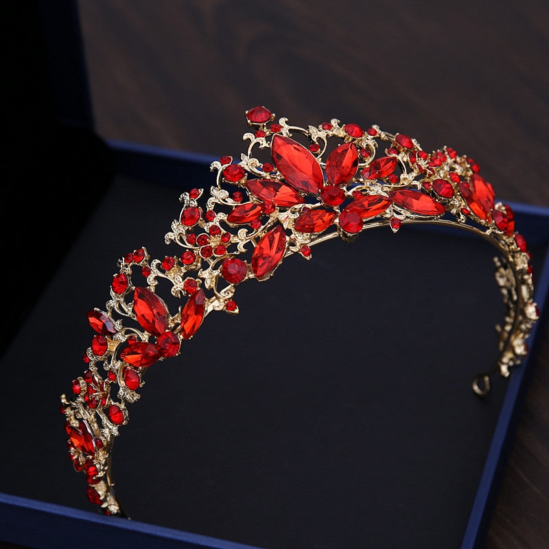 Baroque Gold, Rhinestone and Vintage Red Crystal Tiara, Necklace & Earrings Wedding Jewelry Set-Jewelry Sets-Innovato Design-Innovato Design