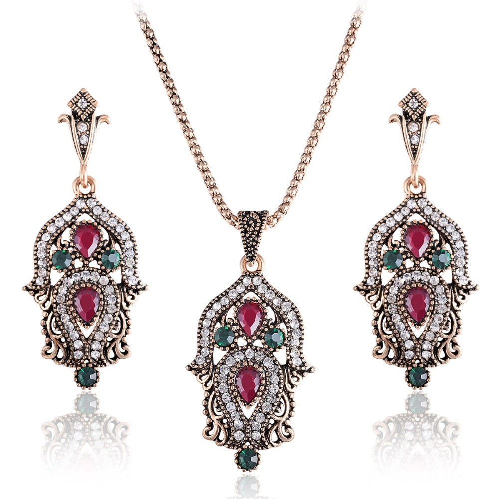 Luxury Indian and Turkish Crystal Flower Necklace & Earrings Vintage Jewelry Set-Jewelry Sets-Innovato Design-Red Green-Innovato Design