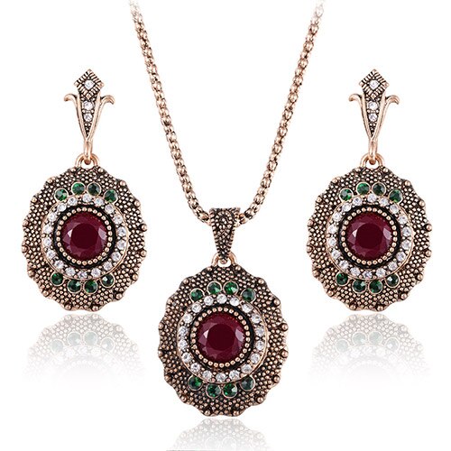 Luxury Indian and Turkish Crystal Flower Necklace & Earrings Vintage Jewelry Set-Jewelry Sets-Innovato Design-Gold Red-Innovato Design